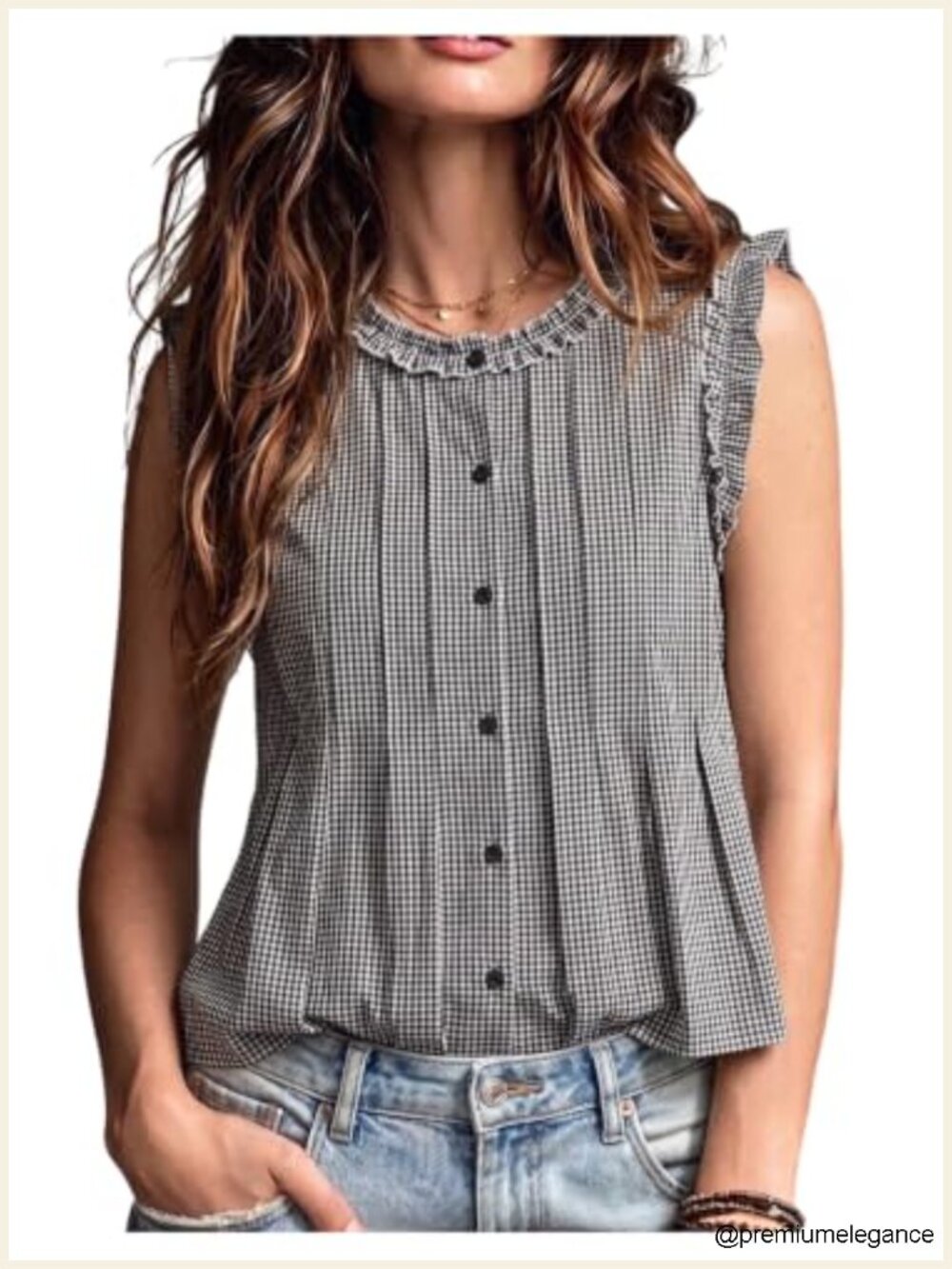 Gingham Tank Top Ruffle Pleated Crew Neck Sleeveless Blouse